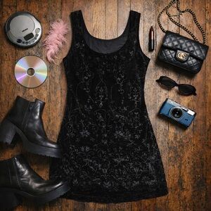 Working Classics Black Velvet Burnout Dress Sleeveless Vintage Style